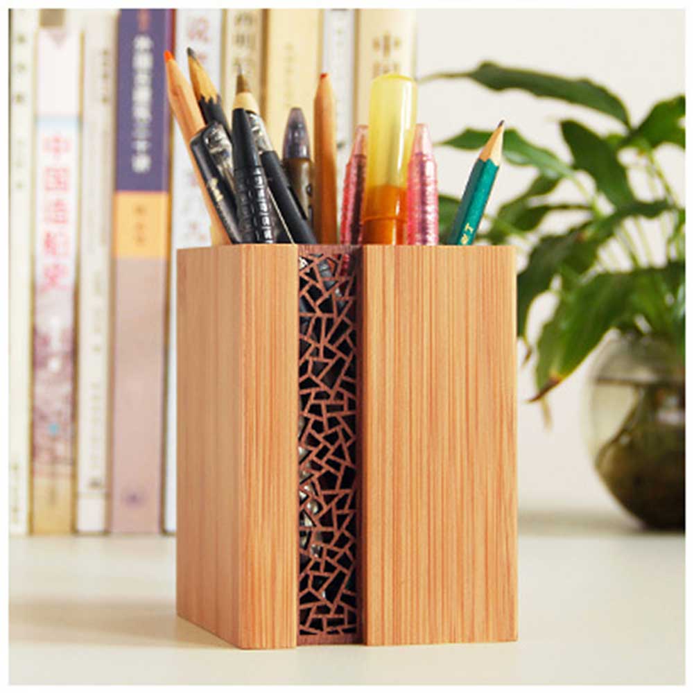 Porta lápiz de madera hueco tallado vaso para pluma organizador de escritorio maquillaje pincel titular EM88