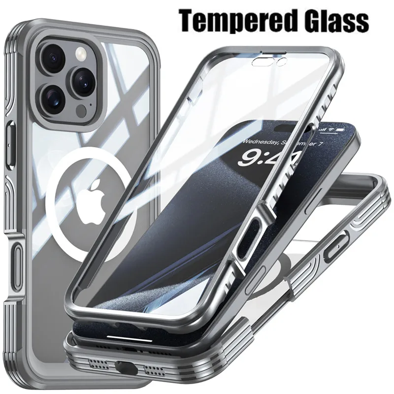 Full Body Bescherming Magnetische Case voor iPhone 16 Pro Max 16e 15 Plus Cover Gehard Glas Magsafe Schokbestendig Fundas Coque Capa