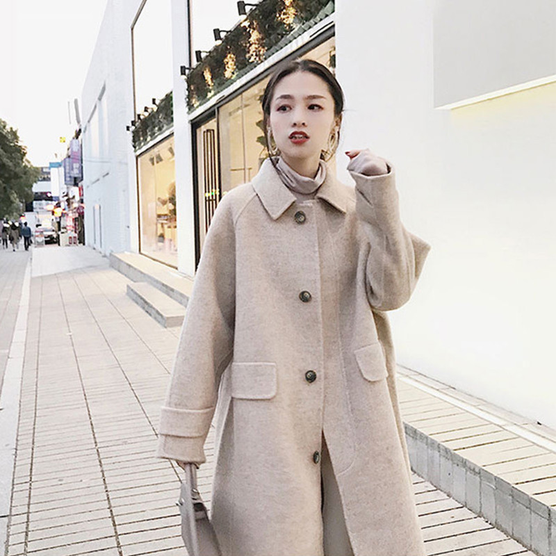Herfst Winter Wollen Jas Vrouwen Slanke A-lijn Medium Lange Roze Koreaanse Stijl Roze Jassen Dames Elegante Turn Down Kraag bovenkleding