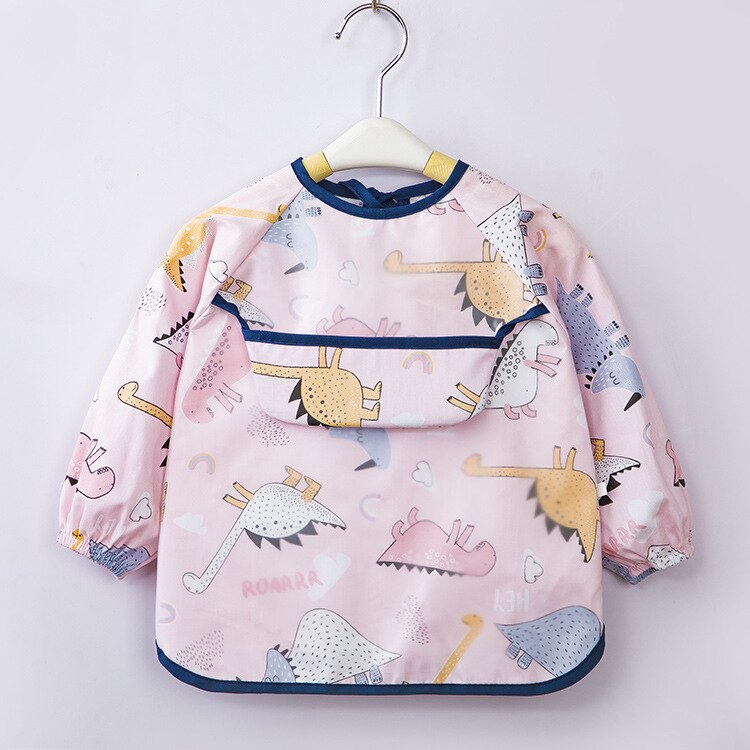 Enfant bébé Art Smock alimentation bavoir tablier poche imperméable chiffons manches longues avec receveur de nourriture: Pink dinosaur / 110cm