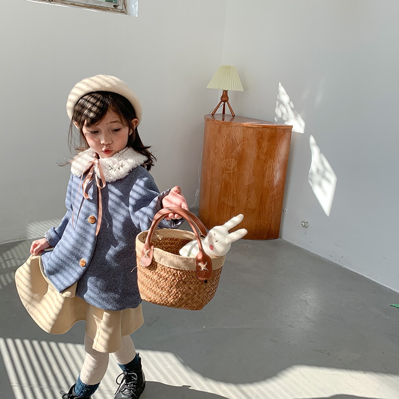 Manteau duffle-coat chic pour filles coréennes automne et hiver veste à col rond pour enfants vêtements manteau surdimensionné pour enfants sans col en flanelle