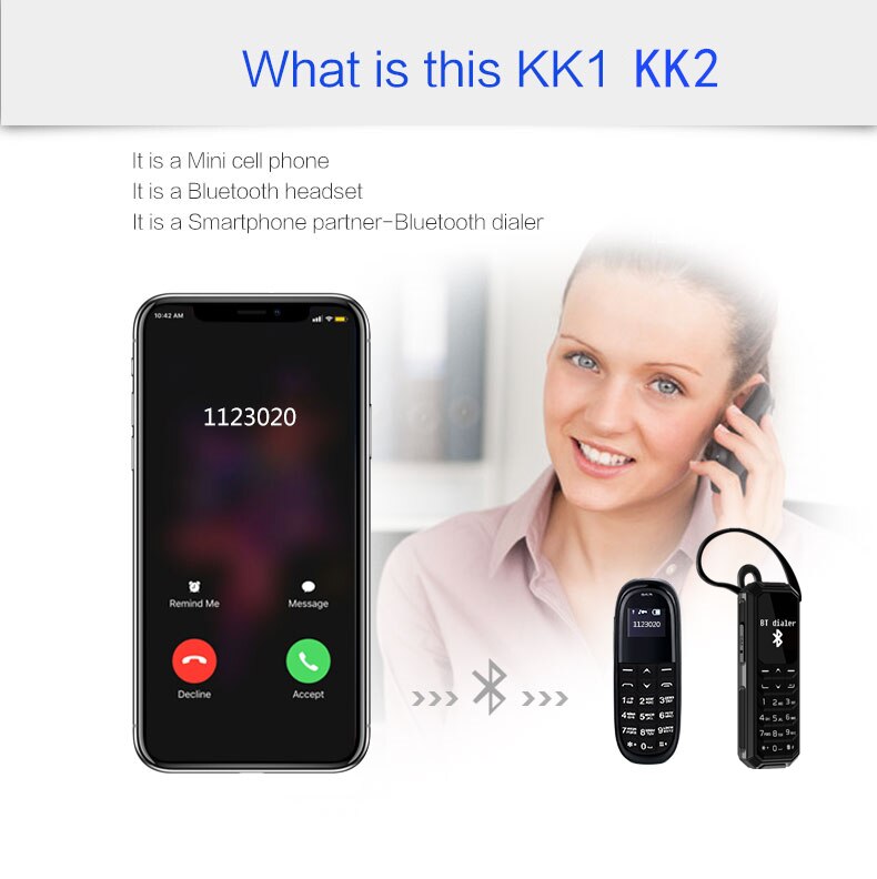 Mini Pocket Mobiele Telefoon Aeku KK1 KK2 0.66Inch Draadloze Bluetooth Dialer Kleinste Mobiele Telefoon Magic Voice Russische Toetsenbord