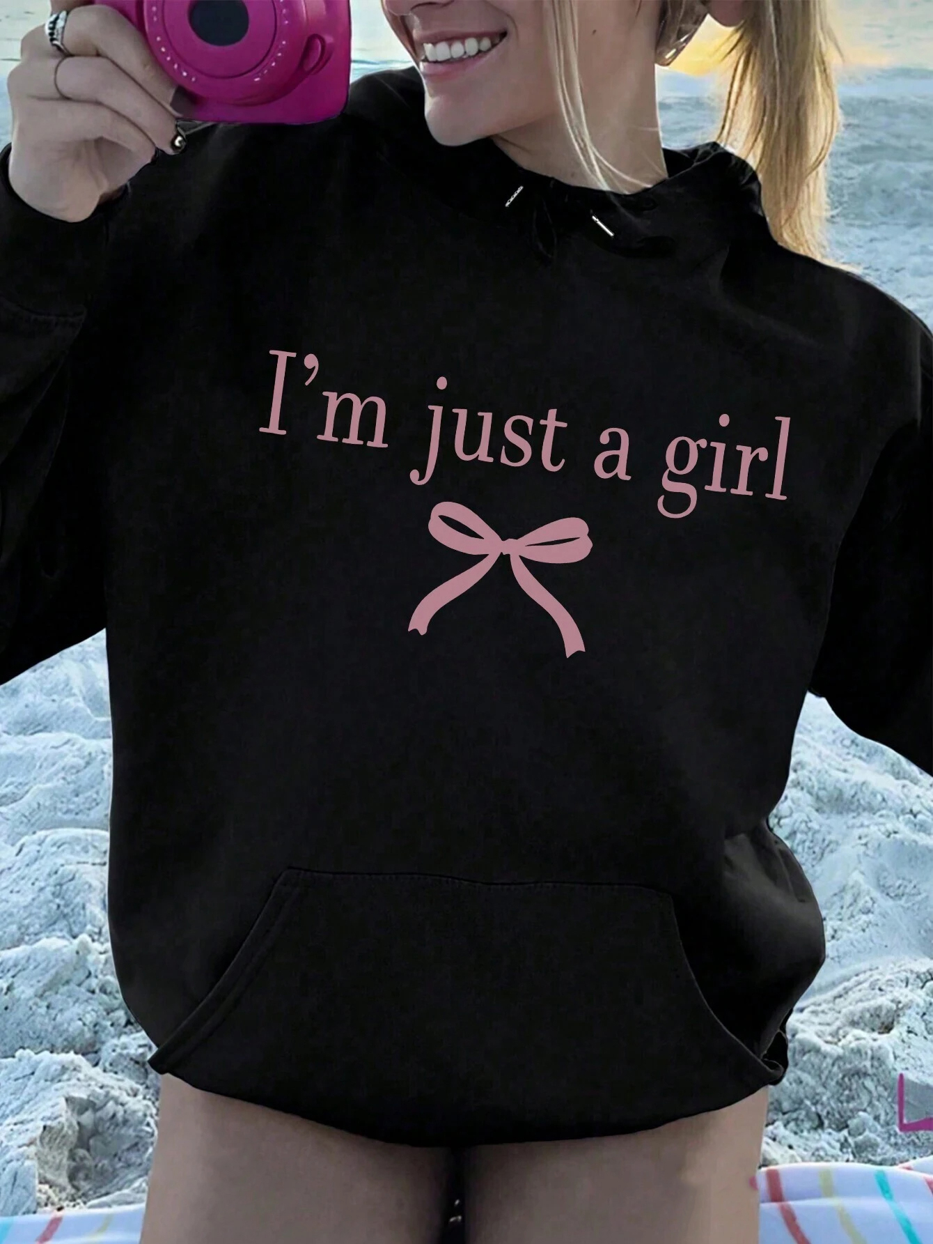 Sweat à capuche imprimé simple I'm Just A Girl pour femme, haut à col rond vintage, sweat à capuche confortable, vêtements Harajuku, sourire, , automne