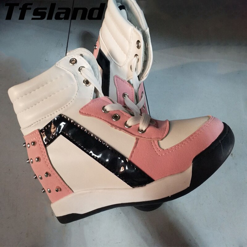 Autumn Women Height Increasing Platform Shoes Women Breathable Patchwork Wedge Shoes Rivet High Top Walking Shoes Sneakers