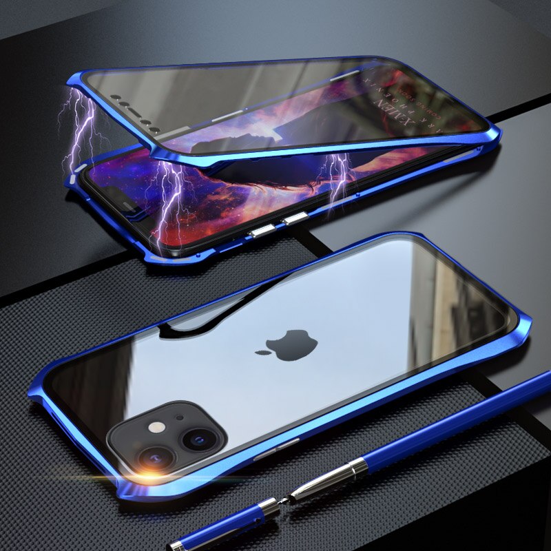 360 Volledige Beschermhoes Voor iphone 11 case Metalen Magnetische Adsorptie Voor iphone 11 pro max Gevallen Cover Bumper Coque: For iPhone 11 / blue 360