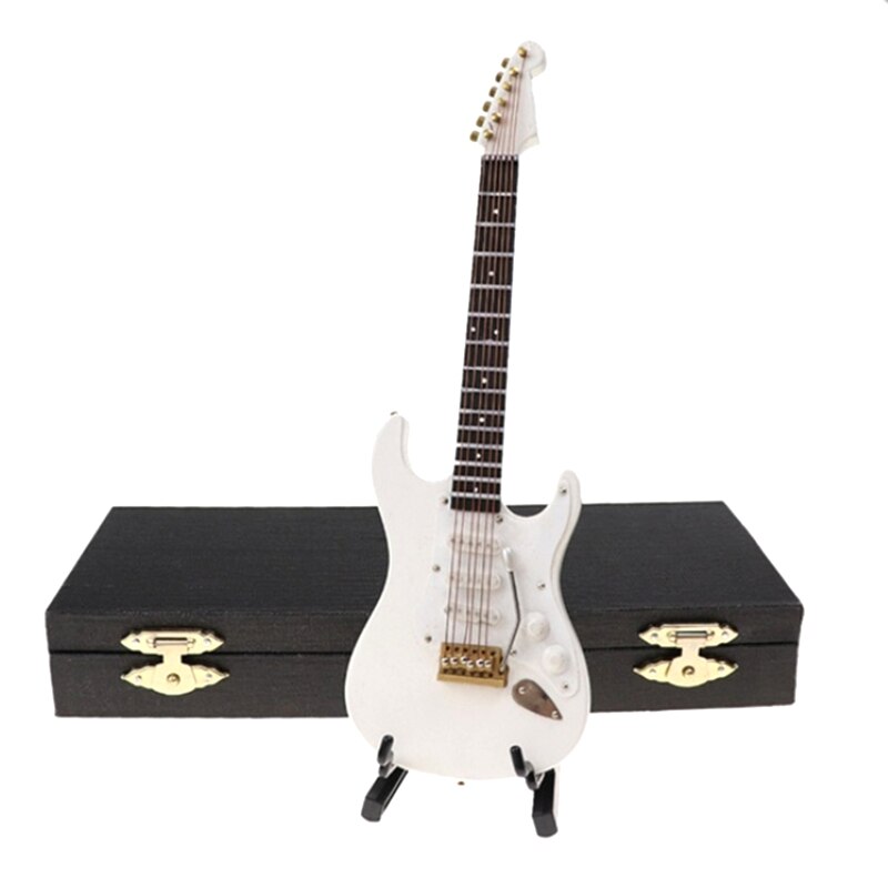 Houten Miniatuur Elektrische Gitaar Met Stand En Case Mini Muziekinstrument Miniatuur Poppenhuis Model 14Cm: white