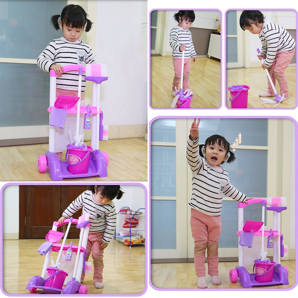 Juguetes de limpieza de suelo para niños, Cubo de trapeador, escoba, aspiradora, juguetes para juego de imitación, para niñas de 3 a 6 años, 53cm