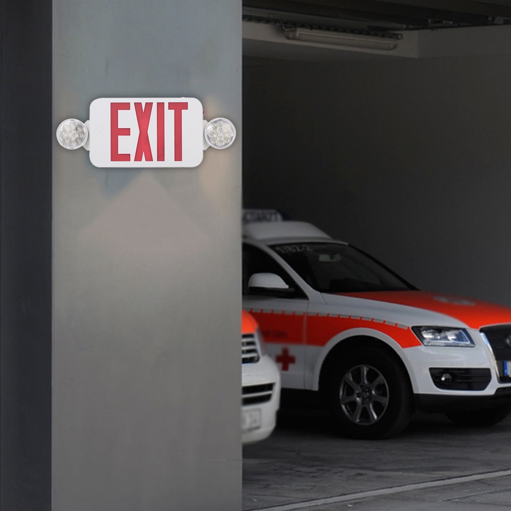 Red Exit Sign LEDs Emergency Light with Adjustable Two Head Backup Batterys Wall Ceiling Mount for Stairway Hallway Room