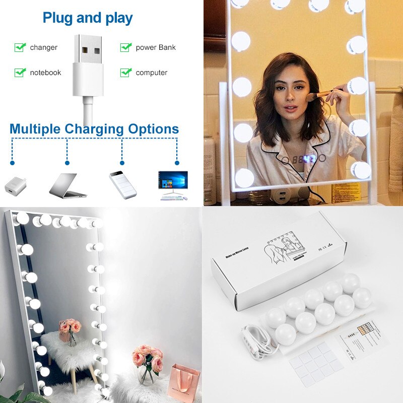 Bombillas LED para Espejo de Maquillaje, Luces de Pared Regulables con USB, para Tocador de Baño, Estilo Hollywood