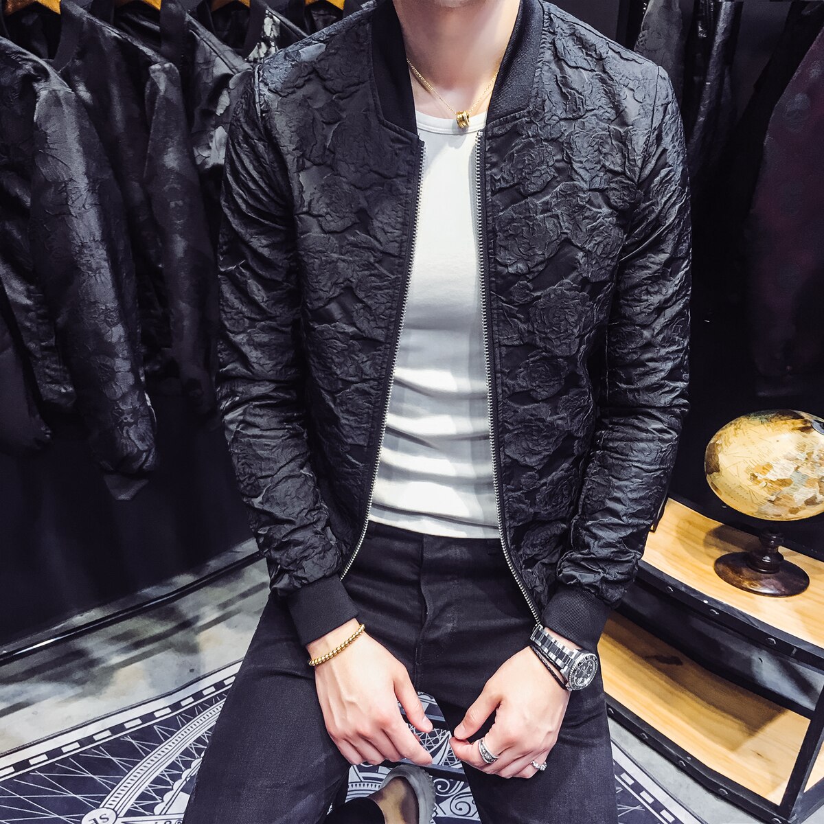 Autumn Jacquard Bomber Jackets Men Luxury Wine Red Black Grey Party Jacket Outfit Club Bar Coat Men Casaca Hombre 4XL