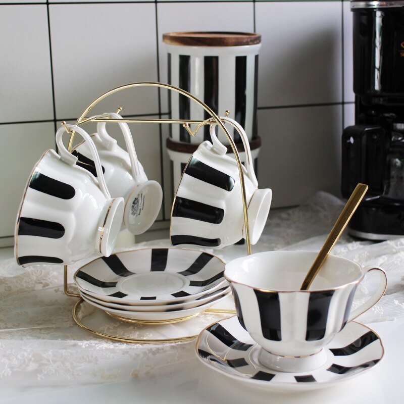 200ml Retro British Tea Coffee Cup and Saucer Set Black Polka Dot Stripes Pattern Ceramic Cups
