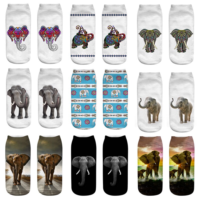 Socks Women 9 Pairs Set Retro Elephant Print Socks Female And Interesting Animal 3D Printed Breathable Cotton Socks: AS14-2