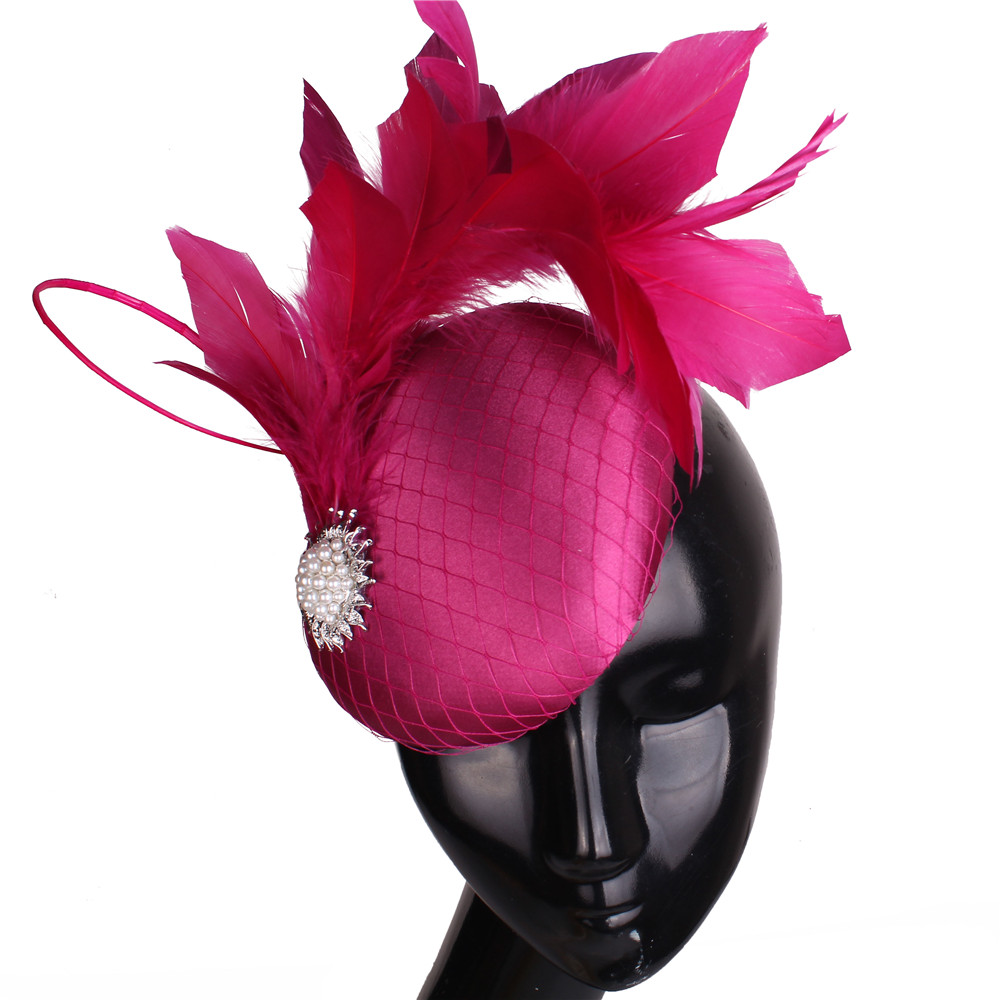 Nice Magenta Satin Hair Fascinator Hat Evening Party Formal Church Ladies Millinery Hat Bridal Wedding Headpieces With Feathers: Fuchsia