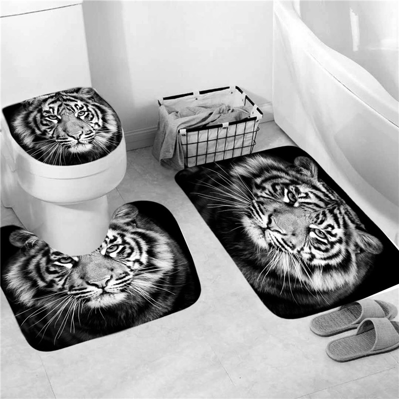 Ensemble de rideau de douche avec tapis, motif animaux, tigre, Lion, imperméable, écran de bain, antidérapant, couvercle de toilette, décor de salle de bain: 3 PCS Mats - D