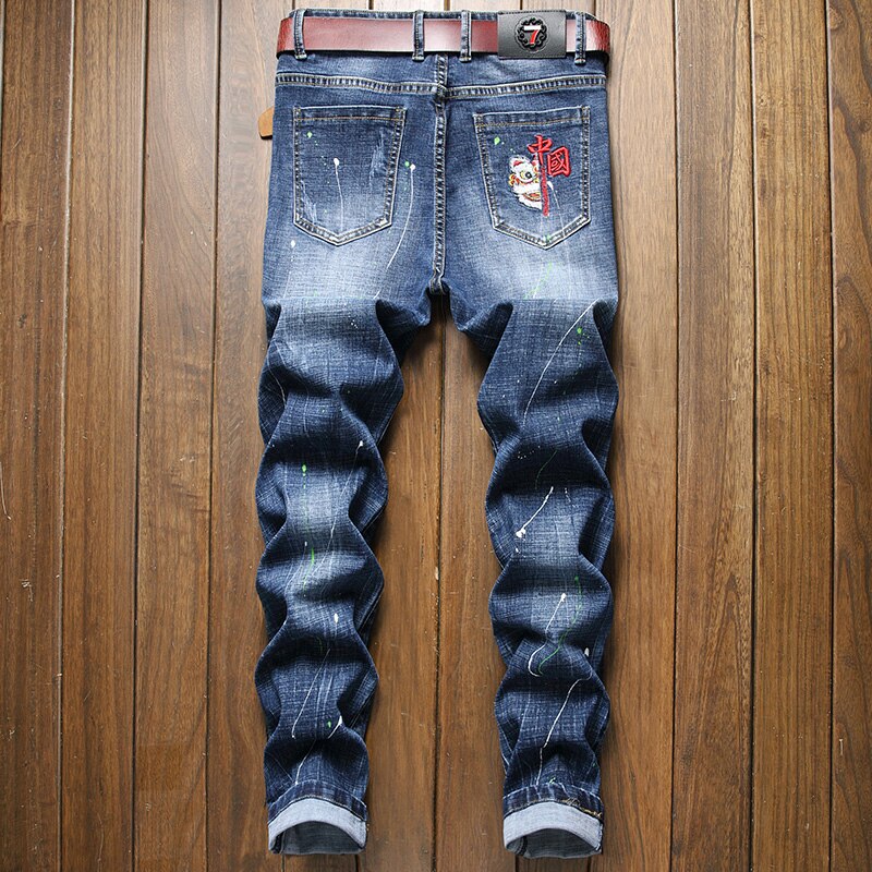 Pantalones vaqueros bordados para hombre, Jeans informales elásticos de pierna recta, ajustados, de , a la , primavera,