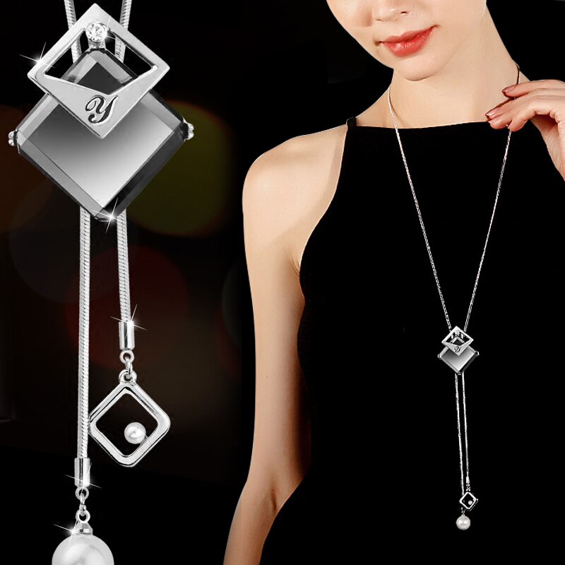 Collares largos para mujer, gargantilla de cristal gris a la , collares llamativos y colgantes, accesorios: Square Silver