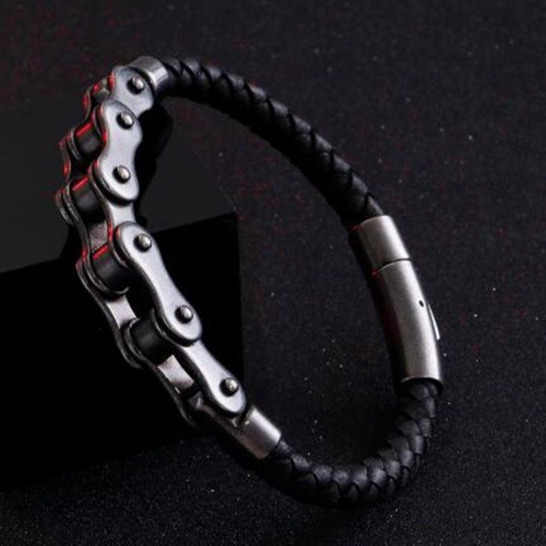 Punk Schwarz Edelstahl Fahrrad Kette Leder Armband männer Rock Partei Biker Schmuck