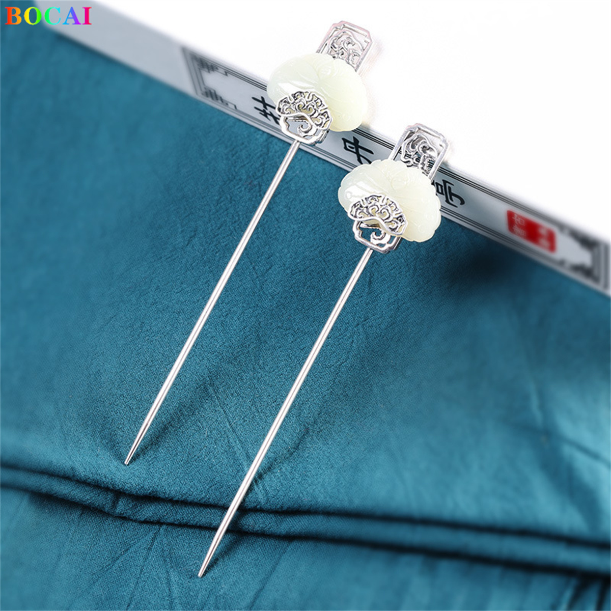 Bocai  s925 haaraccessoires aus sterlingsilber, beliebter retro-totem-jadequasten-kopfschmuck, haarnadelschmuck aus reinem silber für damen