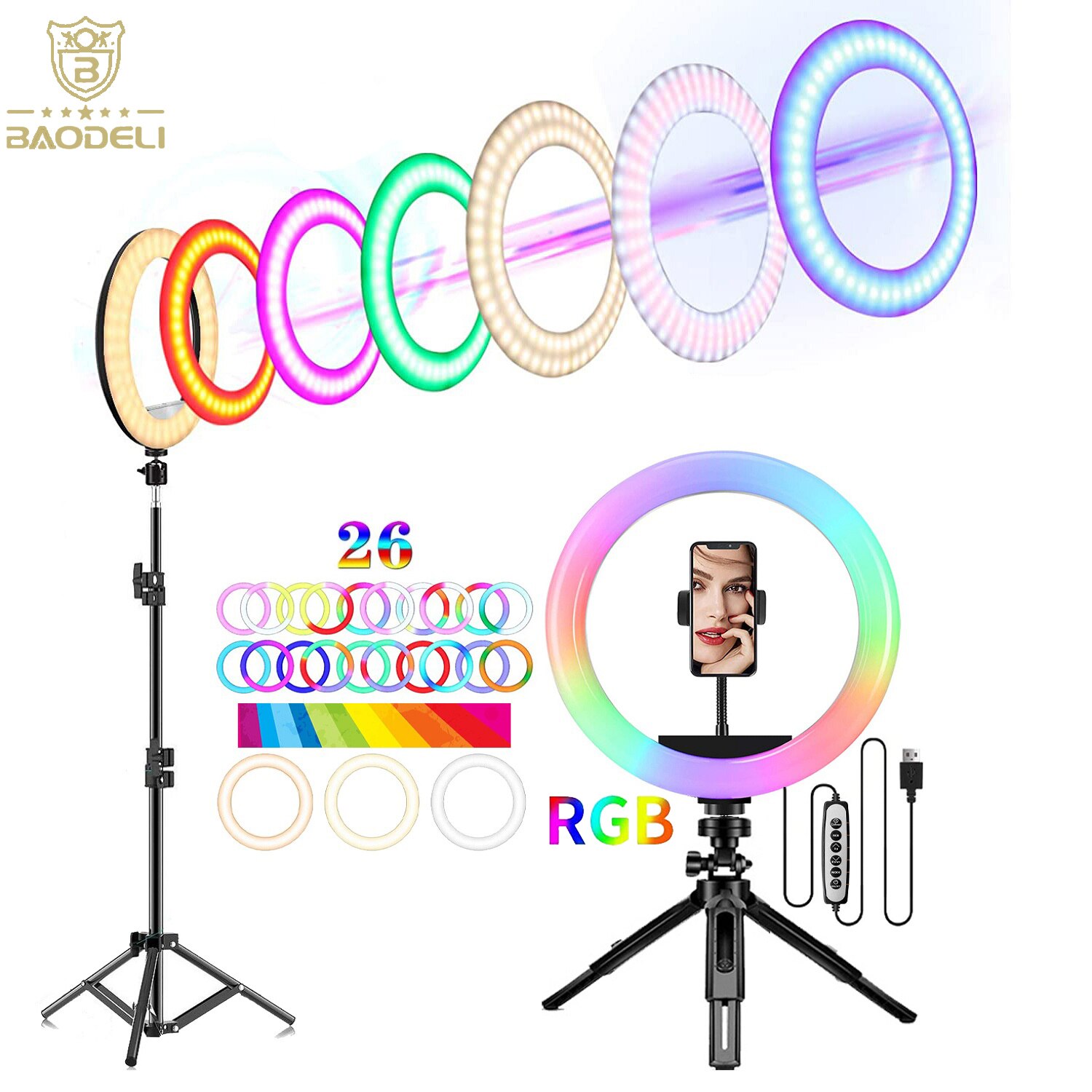 10in Led Kleur Selfie Ring Licht Rgb Fotografie Ringlicht Cirkel Vullen Licht Statief Lamp Telefoon Standhouder Trepied Make-Up