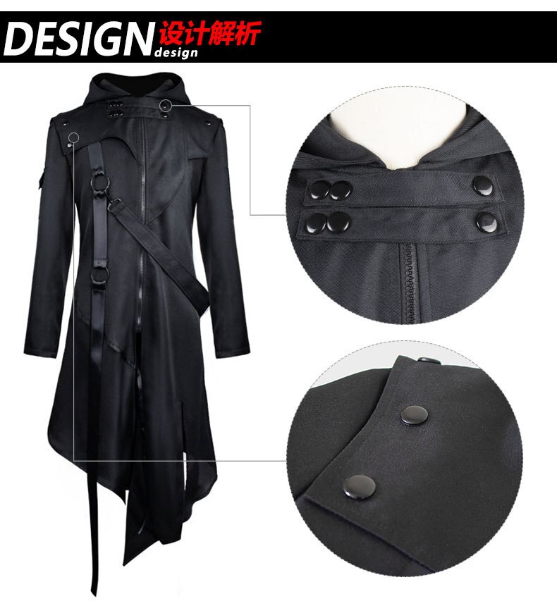 Autumn Winter Men's Retro Jacket Trench Slim Gothic Style Coat with Hooded Men's Clothing Halloween Cos Dress