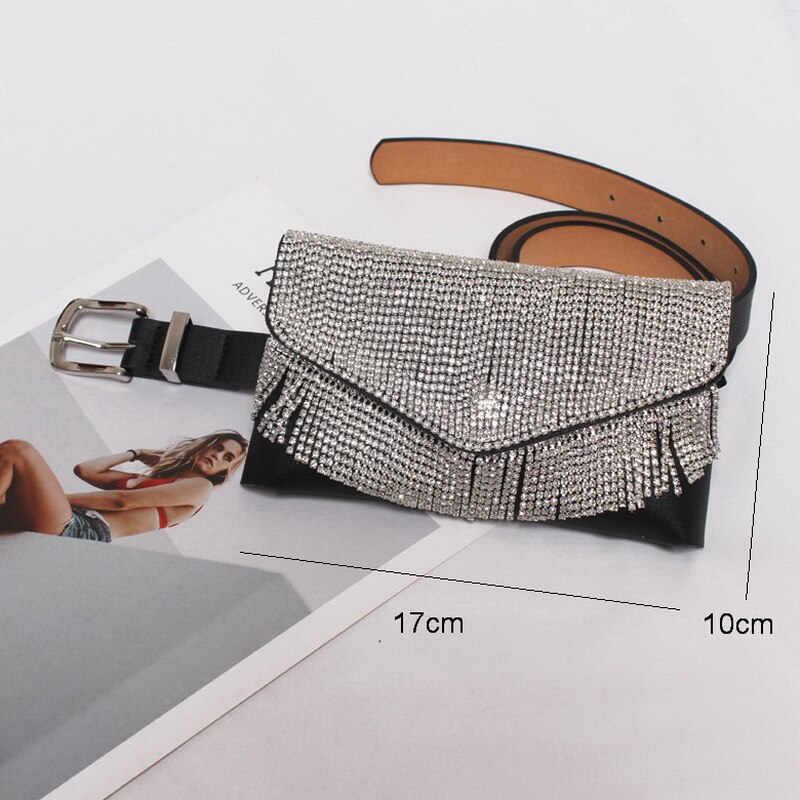 Mododiino Woman Waist Bag Tassel Belt Bags Fanny Pack Brand Belt Packs Handy Bling Rhinestone Phone Envelope Bag DNV0883