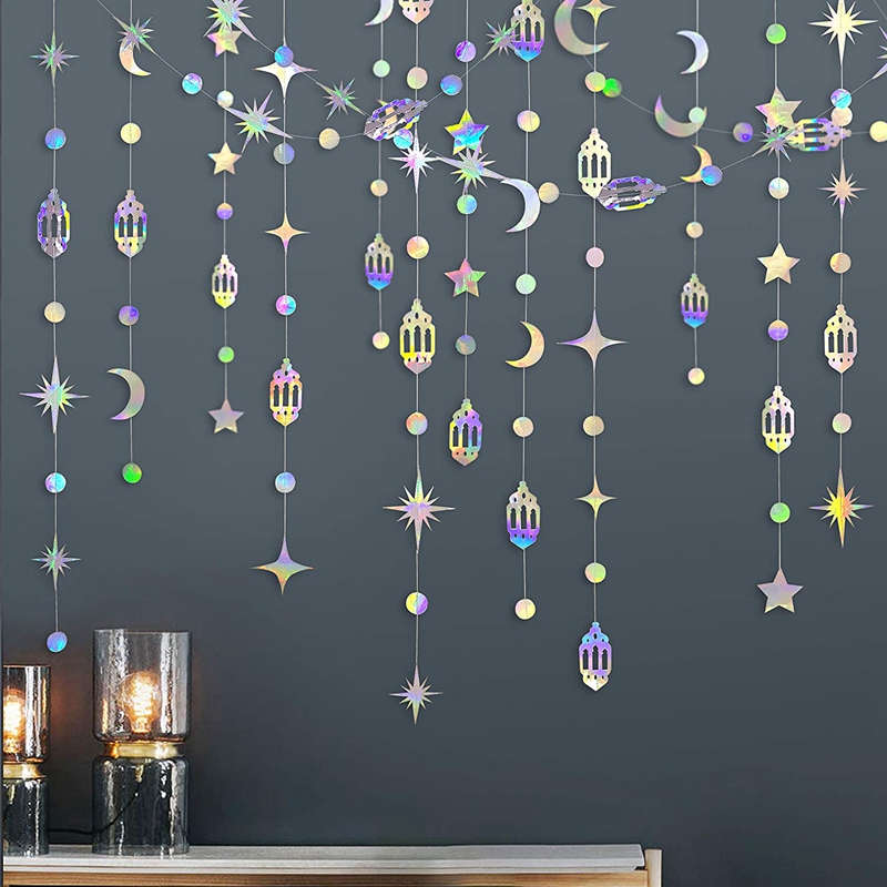 Banderole Eid Mubarak de 4m en papier doré et argenté, guirxiété étoile lune, décoration pour Ramadan Kareem, fournitures de fête musulmane islamique pour la maison