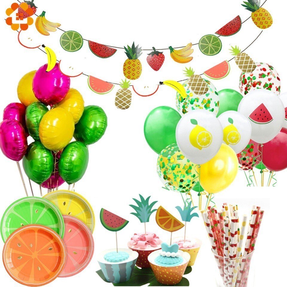 1 sæt dejlige frugter tema vandmelon kage topper led/banner/balloner sommer pool fest bryllup fødselsdag dekoration forsyninger