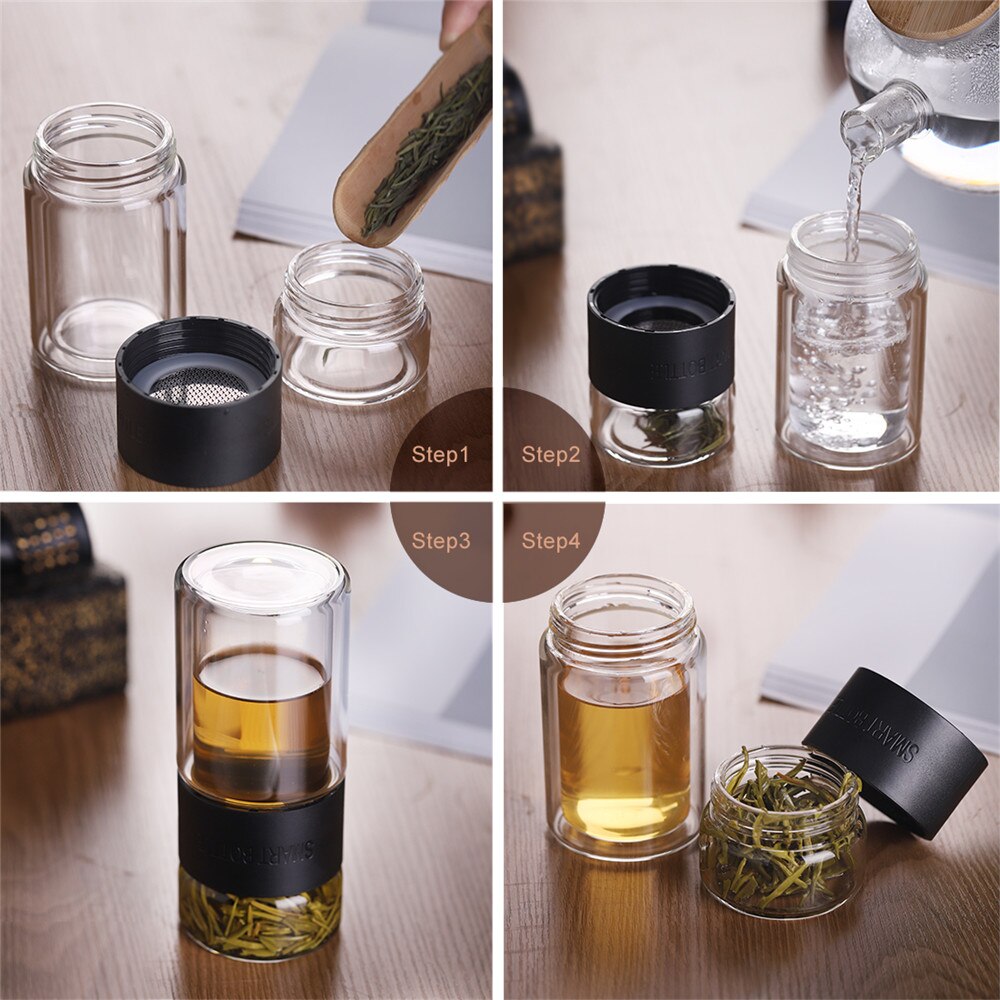 Thee waterfles reis drinkgerei dubbelwandige glazen thee-infuser beker roestvrijstalen filters theefilter bloemen theekopje