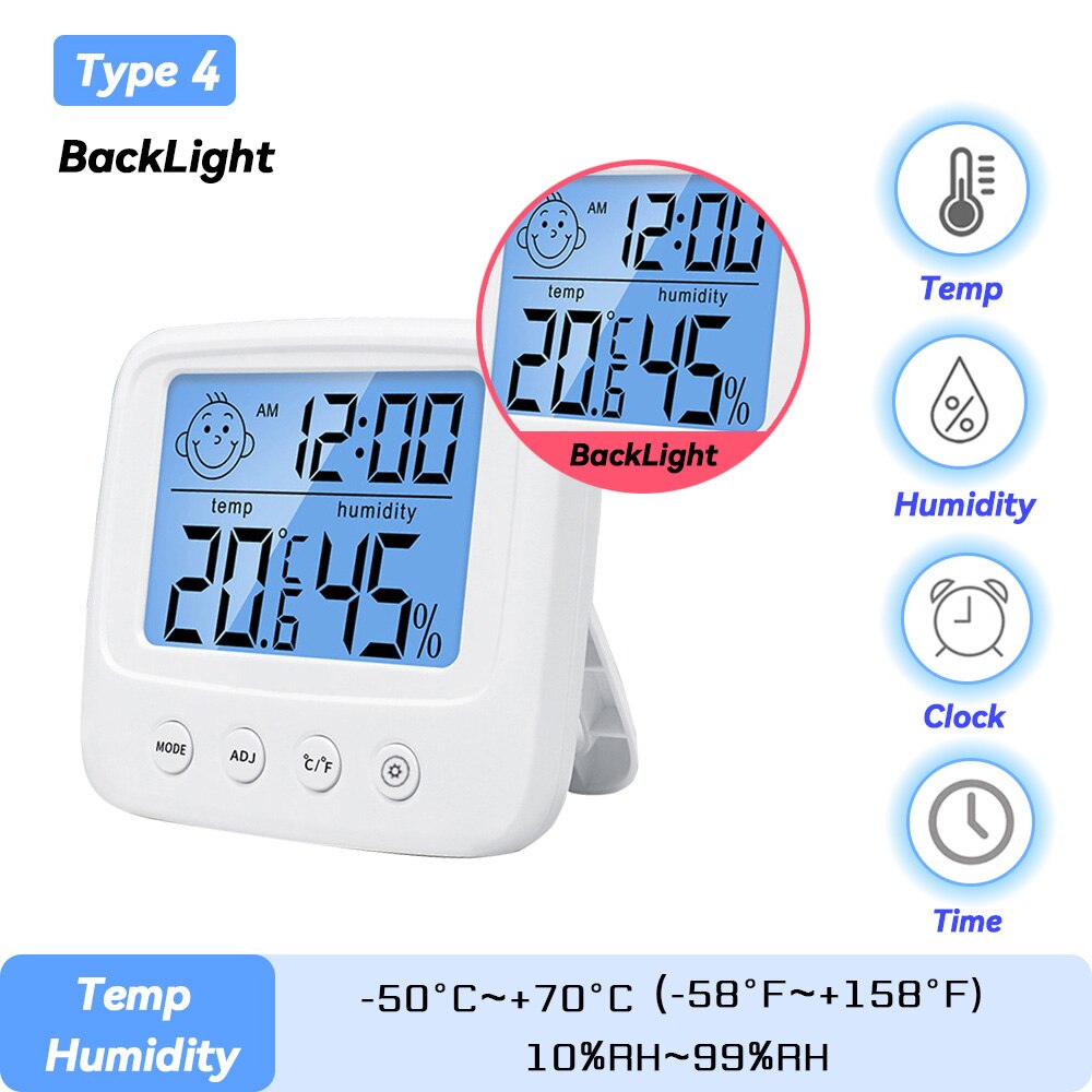 LCD Electronic Digital Temperature Humidity Meter Indoor Outdoor Thermometer Hygrometer Weather Station Clock HTC-1 HTC-2: Tpye 4 BackLight
