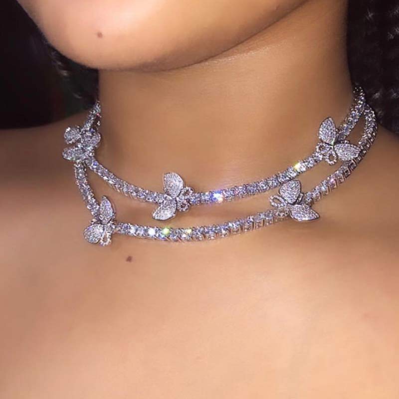 Flatfoosie Bling Della Farfalla Del Rhinestone Della Collana Del Choker Per Le Donne Fuori Ghiacciato Di Cristallo Tennis Catena Della Collana Dei Monili di Cerimonia Nuziale del Regalo