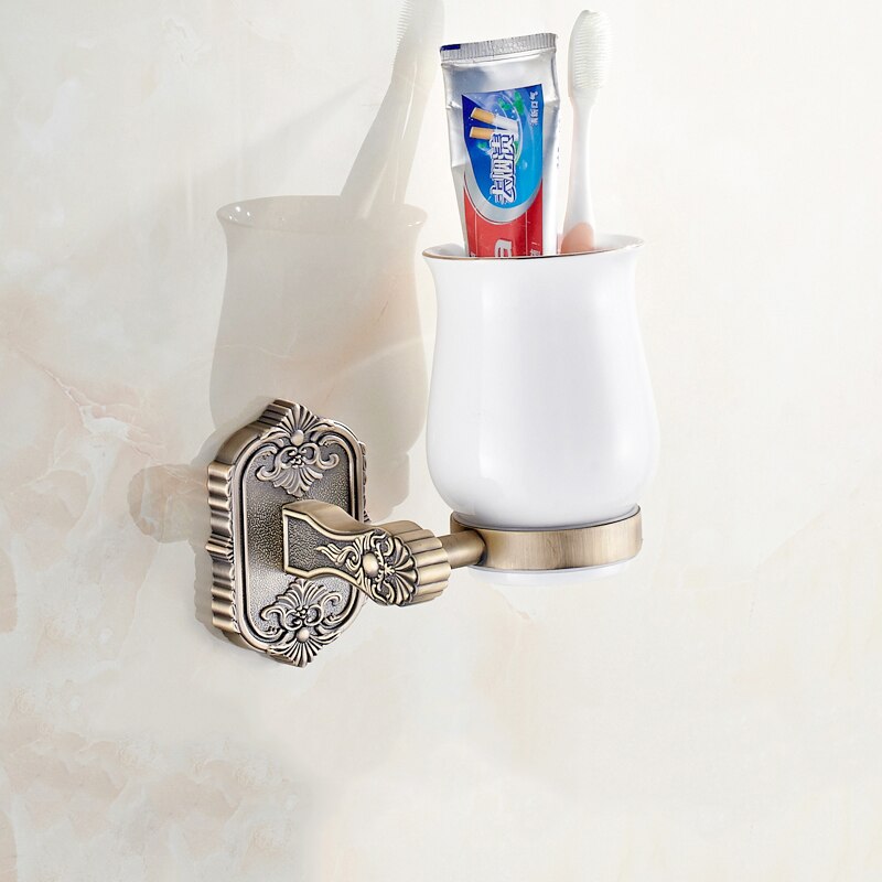 Antieke badkamer enkele bekerhouder massief keramiek retro gesneden brons gouden houder tandenborstel beker- en bekerhouders wit  -618