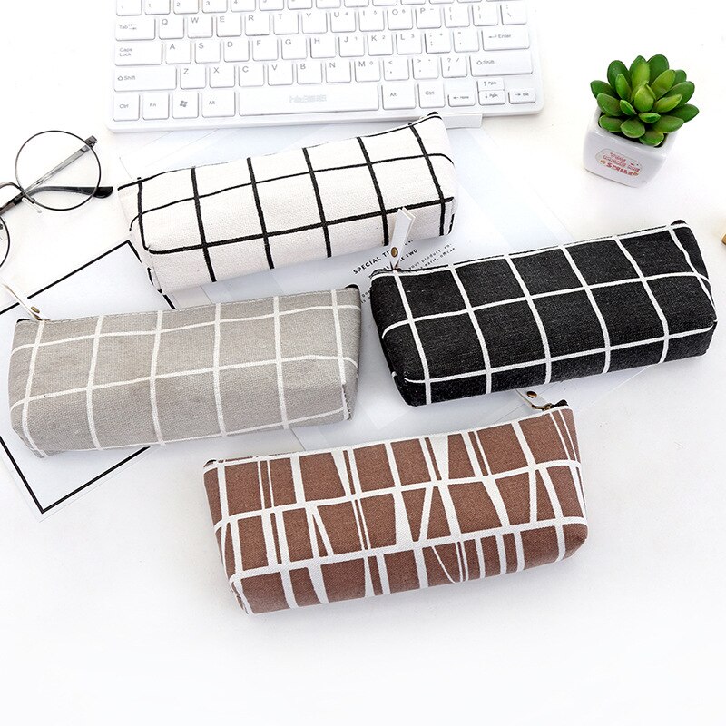 Canvas Pencil Case School Pencil Bag Pencilcase Pen Bag Cute Simple Striped Grid Pencil Box School Tools