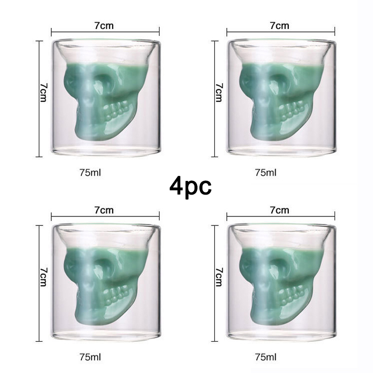 Vodka-shot glas whisky kristall kopp bar vin öl kopp dödskalle huvud transparent drinkware bar dubbelvägg karaff värmebeständig: M -75ml-4 st