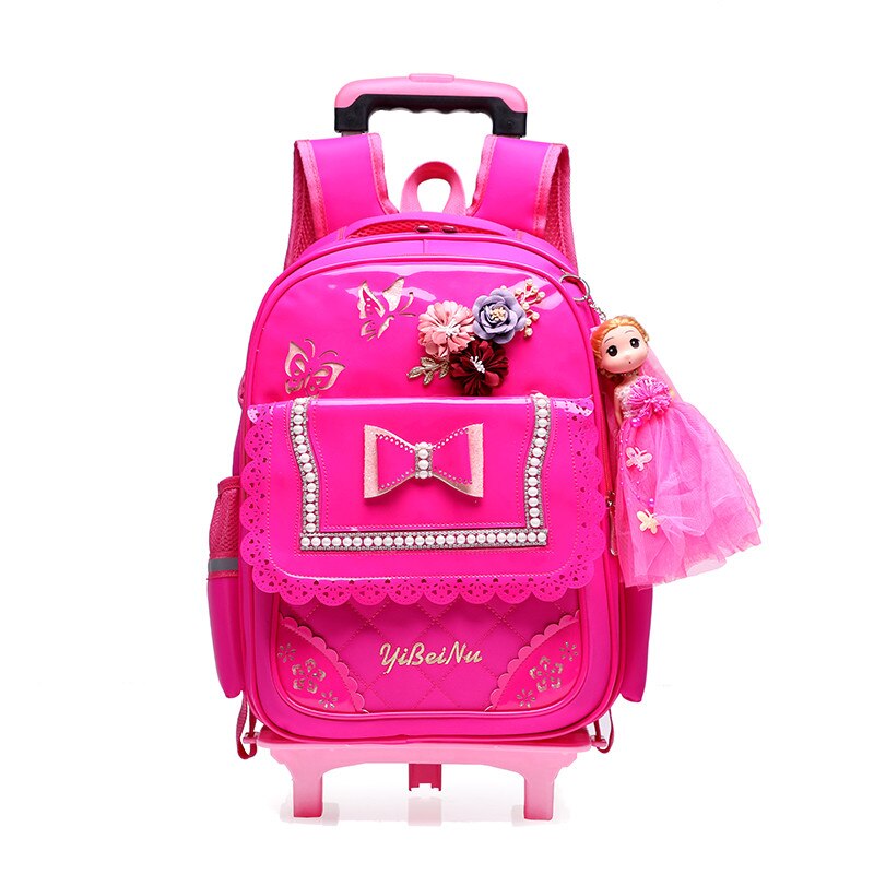 2 räder Wagen Rucksack Für freundlicher PU Wasserdicht bogen-knoten aufbringen Schule Tasche Abnehmbare Rucksack Für Mädchen: Rose rot