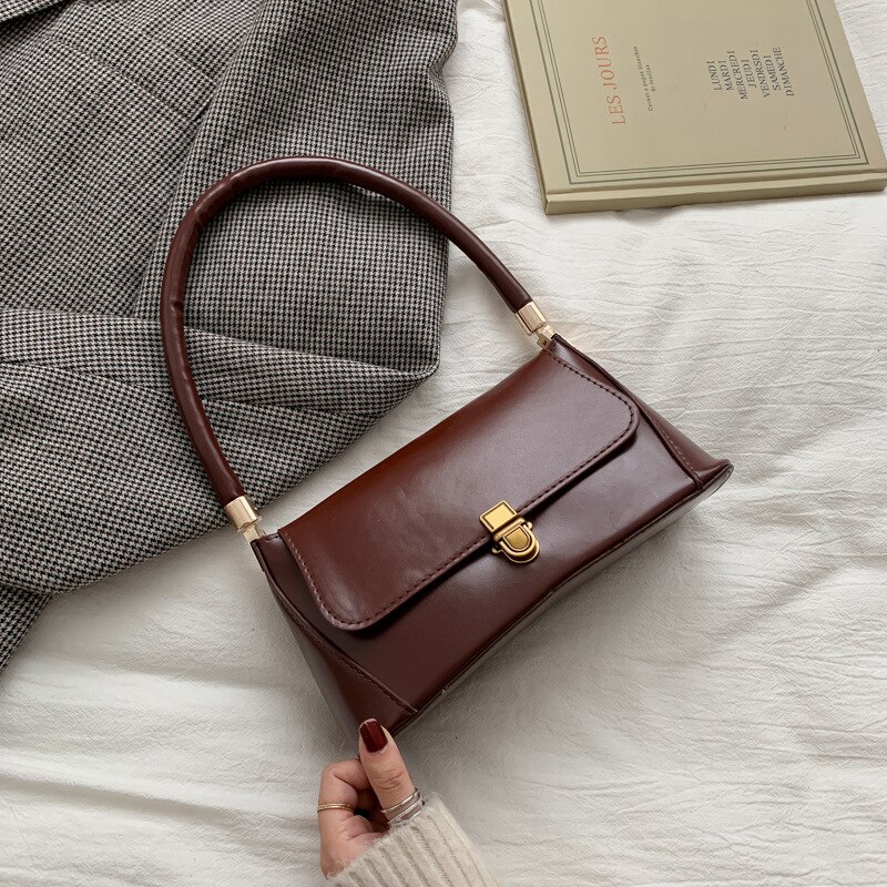 French bag female bag versatile texture shoulder messenger bag Korean version of the underarm bag: Dark Brown