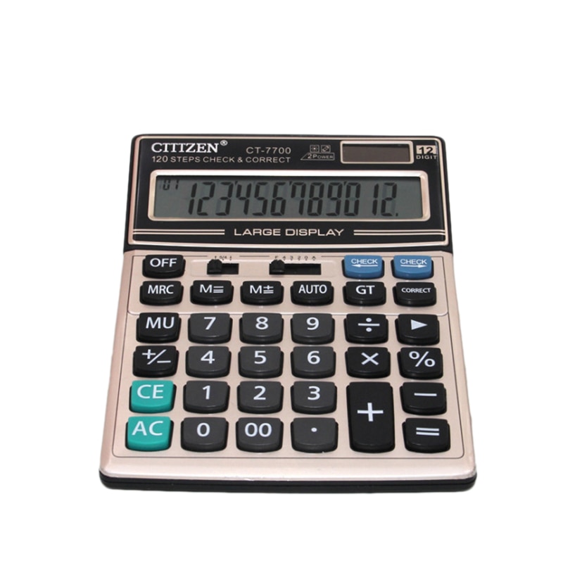 Gtttzen Desktop Rekenmachine Grote Knop 12-Bit Display Calculator Ct-7700 Dual Voeding Zonne-energie Calculator