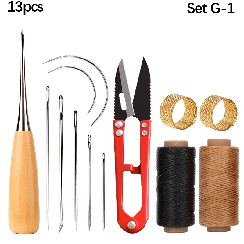 Leather Stitching Tools Kit with Hand Sewing Needles Awl Thimble Waxed Thread Set for DIY Leather Craft Shoemaker Repairs: Clear