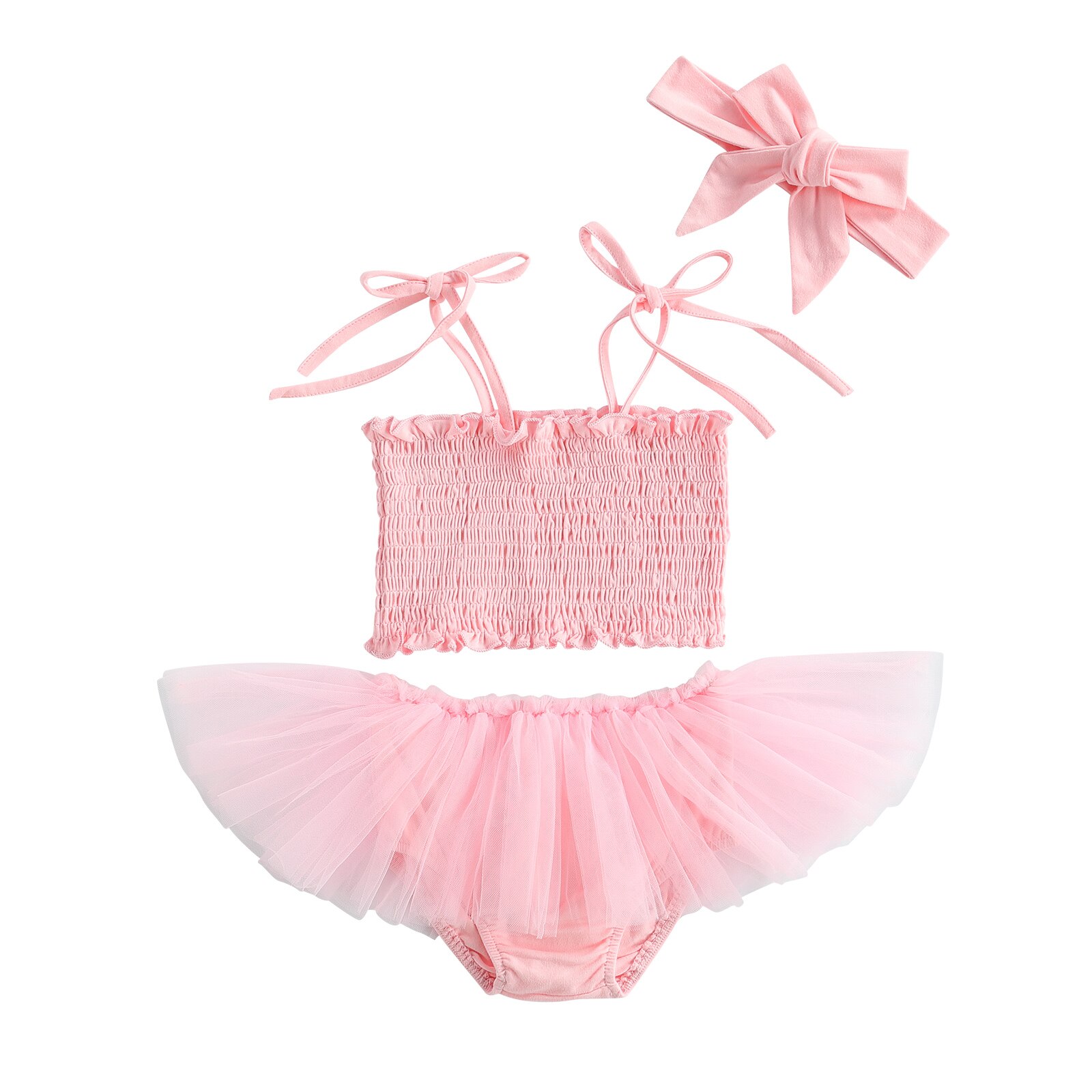 Infant Baby Girls Princess 3pcs Set Lovely Pleated Solid Sleeveless Tie Up Camisole +Mesh Shorts + Hair Band Children Clothes: Pink / 18-24 Months