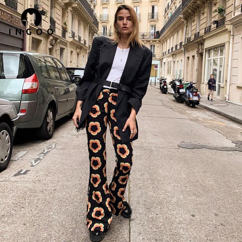 Ingoo vintage lange bukser med brede ben til kvinder multifarvet trykt højtaljet taske hoftebukser  y2k afslappede street outfits