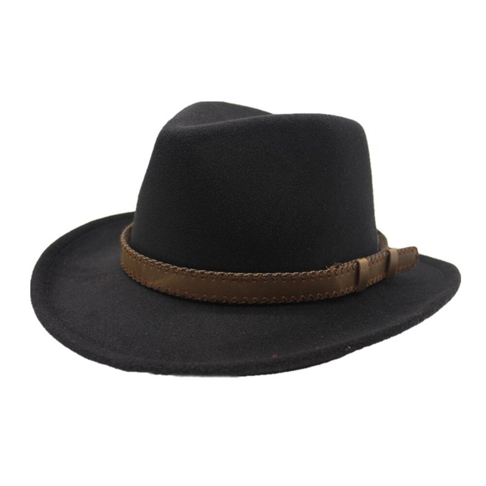 Sombrero de vaquero con cinturón de ala ancha para hombre y mujer, sombrero Trilby de lana, talla 56-58CM: Black