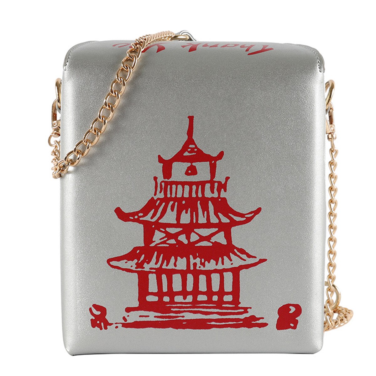 Women Ladies Creativity Leather Crossbody Bag Chinese Take-Out Box Shape Tower Print Shoulder Bag with Chain Strap: Silver