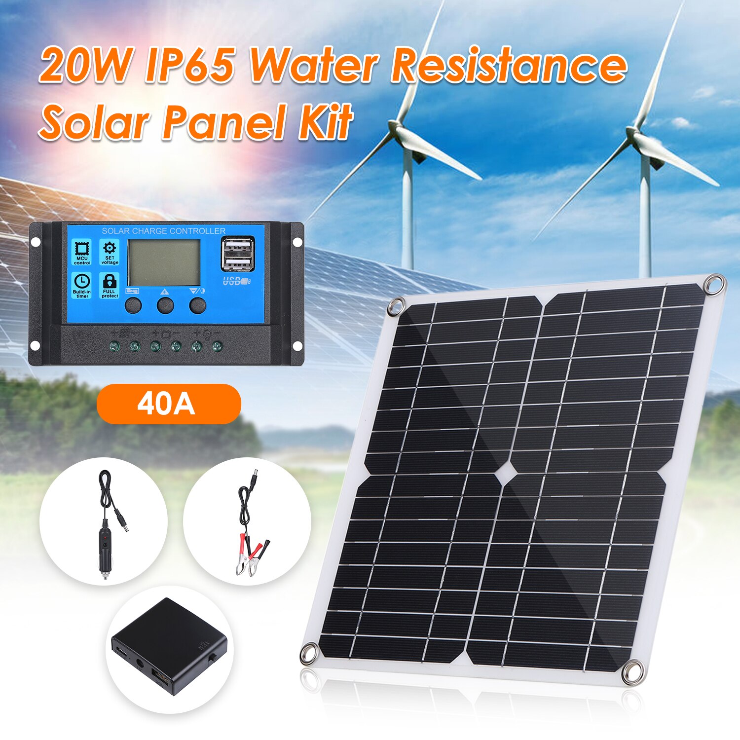 Controlador poli do painel solar 10/20/30/40/50a das pilhas solares da saída dupla do painel solar de 20w para o iate do carro dc 9v/18v carregador do barco da bateria