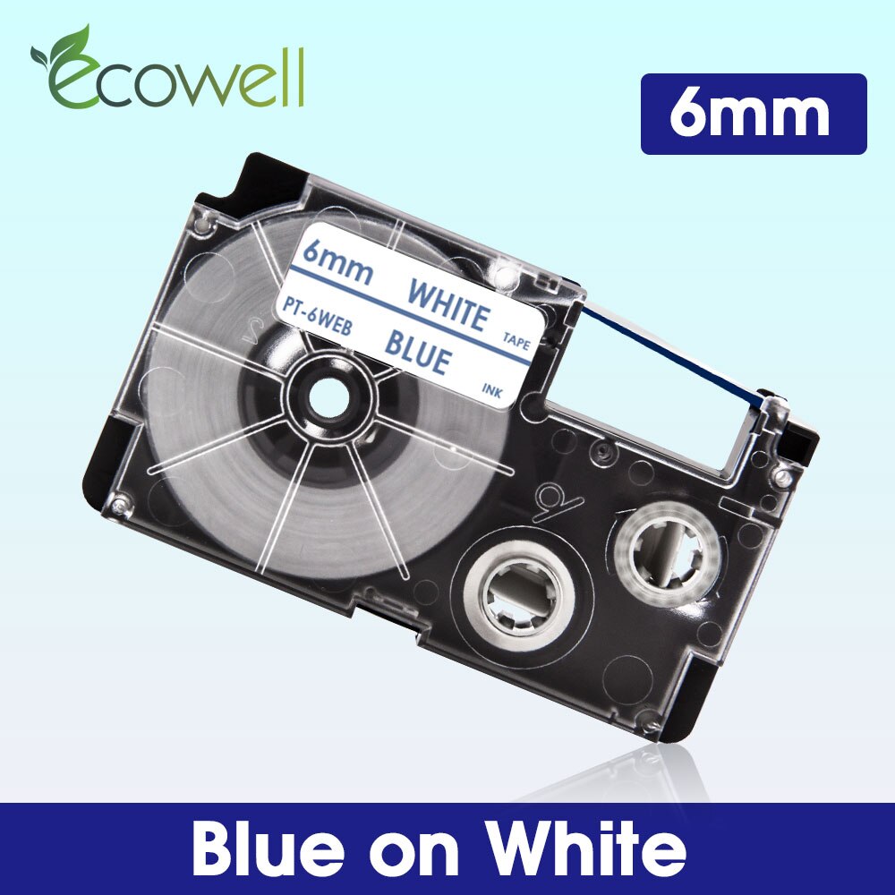 Ecowell 6mm taśma do Casio XR-6WE XR-6X XR-6RD XR-6BU XR-6YW XR-6GN taśma z etykietami XR-6SR XR-6GD dla Casio KL-60 KL-120 drukarka do etykiet: Blue on White