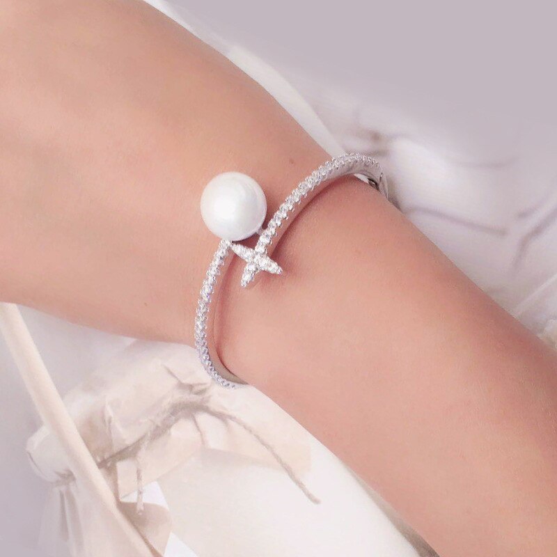 SWOUR Neue Schmuck Weiß Gold Farbe Zirkonia Perle Kreuz Stern Eröffnung Stulpe-armband Bijoux Für Frauen S516
