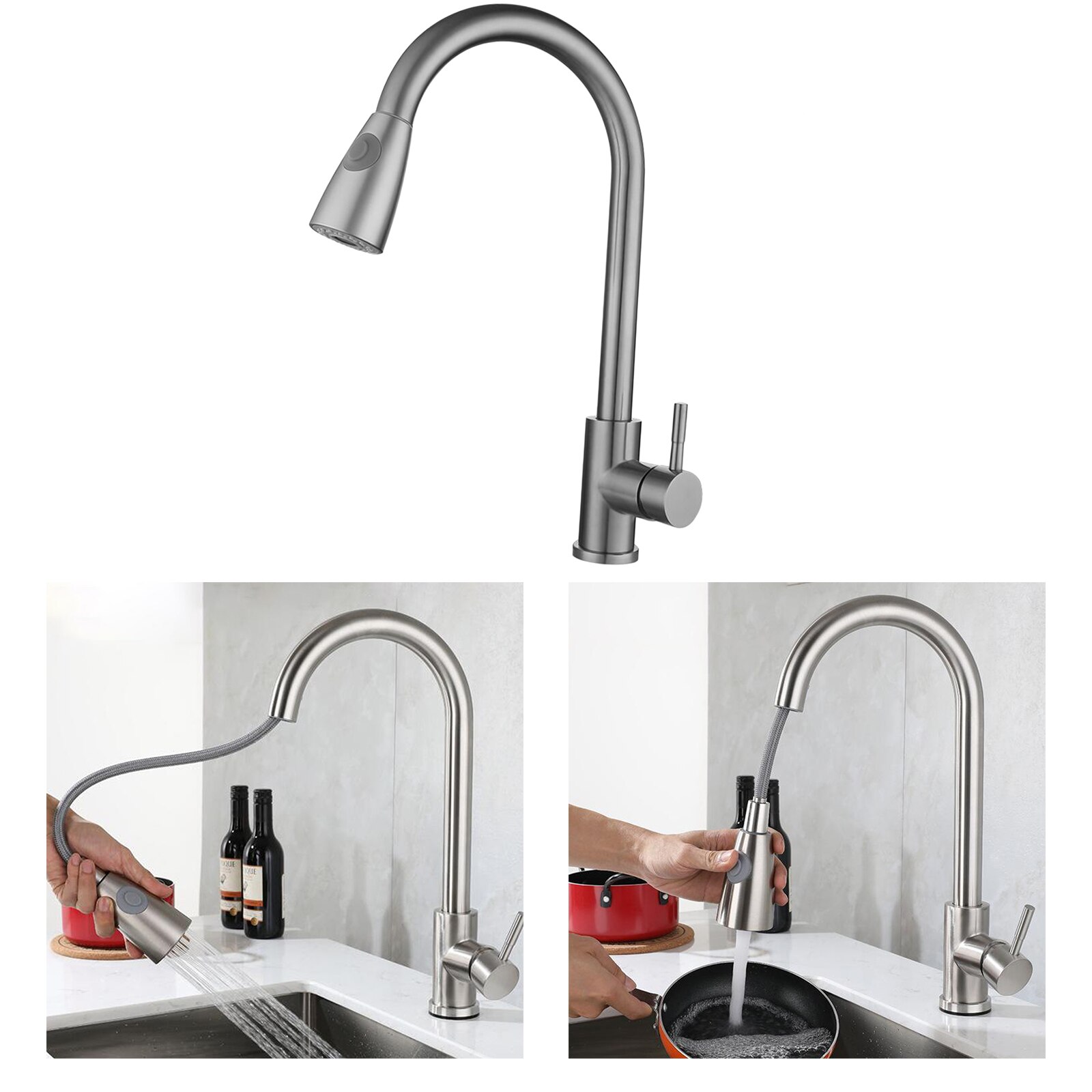 Touch On Kitchen Faucets with Pull Out Sprayer, Single Handle Kitchen Sink Faucet with Pull Out Sprayer, Stainless Steel: Silver A