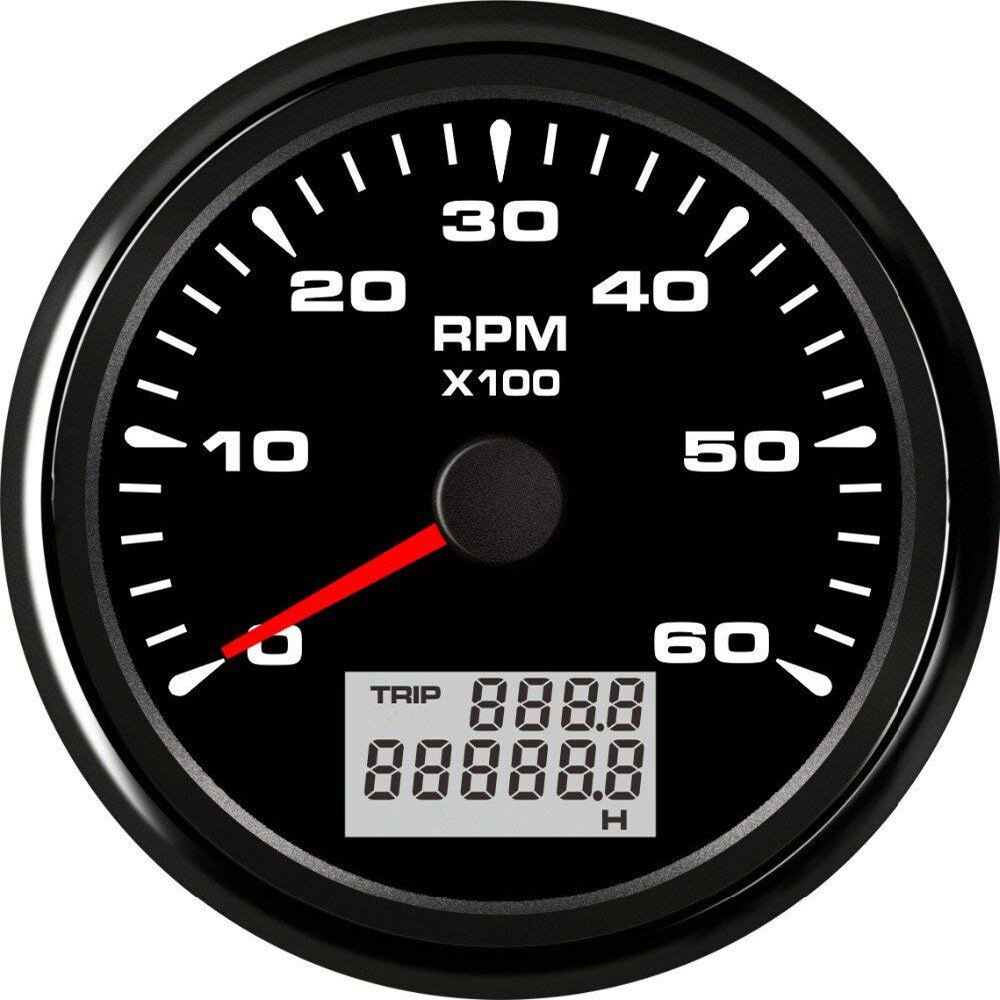 Car Marine Boat Tachometer 7 Colors Backlight Tacho Gauge 6000 RPM Tachometer with LED Digital Hourmeter 9~32 V: Black 6000rpm