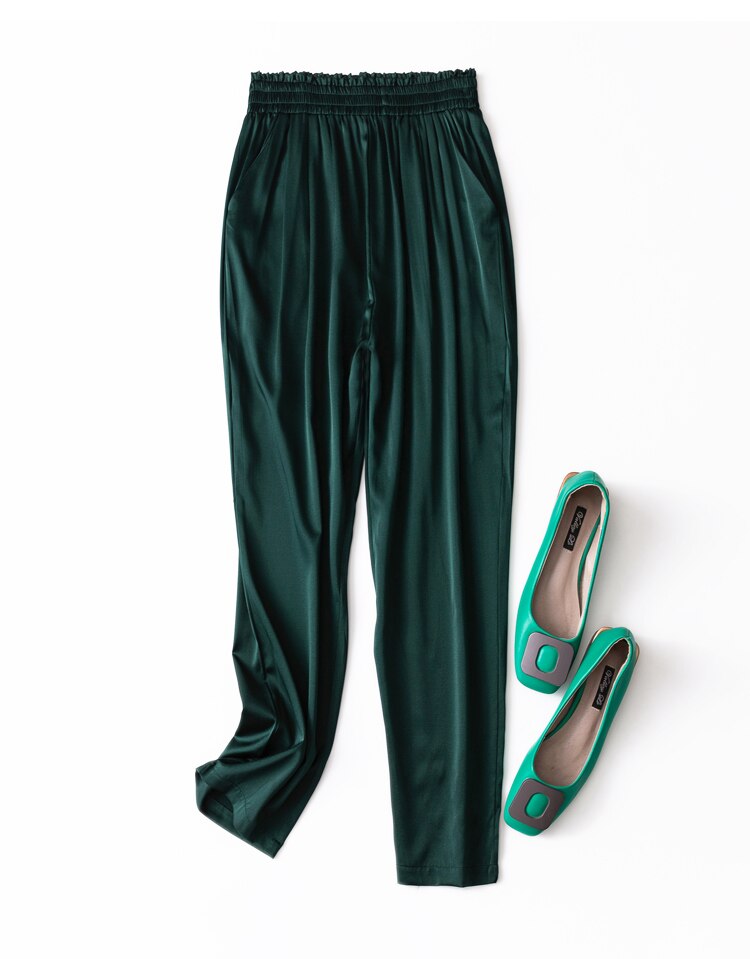 Vrouwen 93% Zijde 7% Spandex Satijn Zijde Lange Broek Broek Harembroek Mode Elastische Taille Vele Kleuren L1013