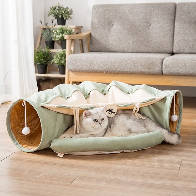 Lit Tunnel pliable avec tapis, 2 voies, avec boule à gratter, jouets interactifs, maison pour chat, chiot, chaton