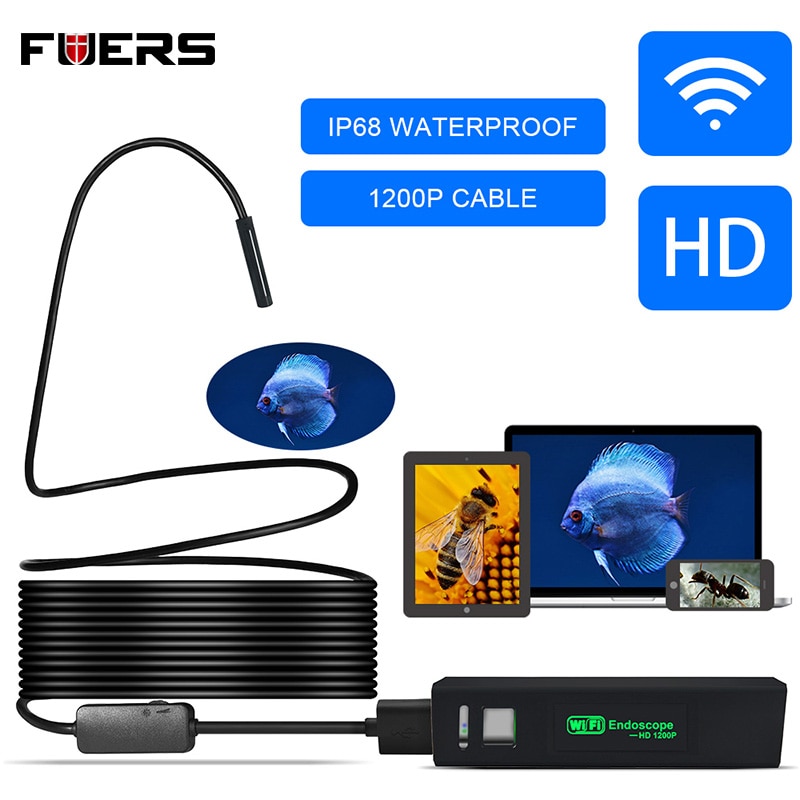 FUERS WIFI Endoscope Camera HD 1200P 8mm Waterproof Hard Cable Inspection Mini Camera For IOS Android Windows Endoscope
