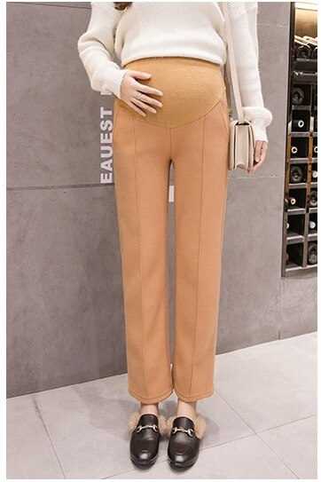 Moederschap broek herfst en winter mode stijl dragen wide-leg broek winter wollen suiting buik warme broek: Khaki / XL